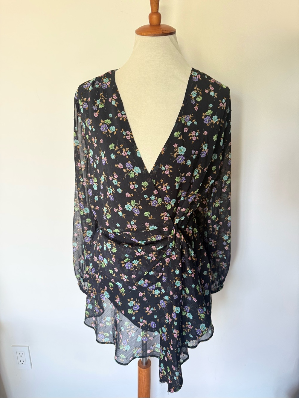 Zara Black Floral Wrap Blouse with Tie Detail